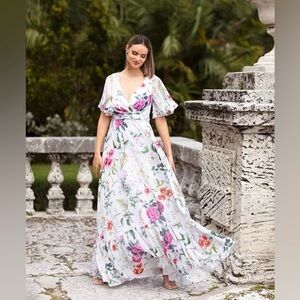 NWT BETSY & ADAM Women's Floral-Print Flutter-Sleeve Gown dress